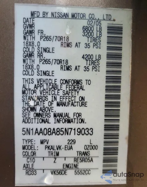 2005 Nissan Armada Se из США, поврежденный, VIN 5N1AA08A85N719033